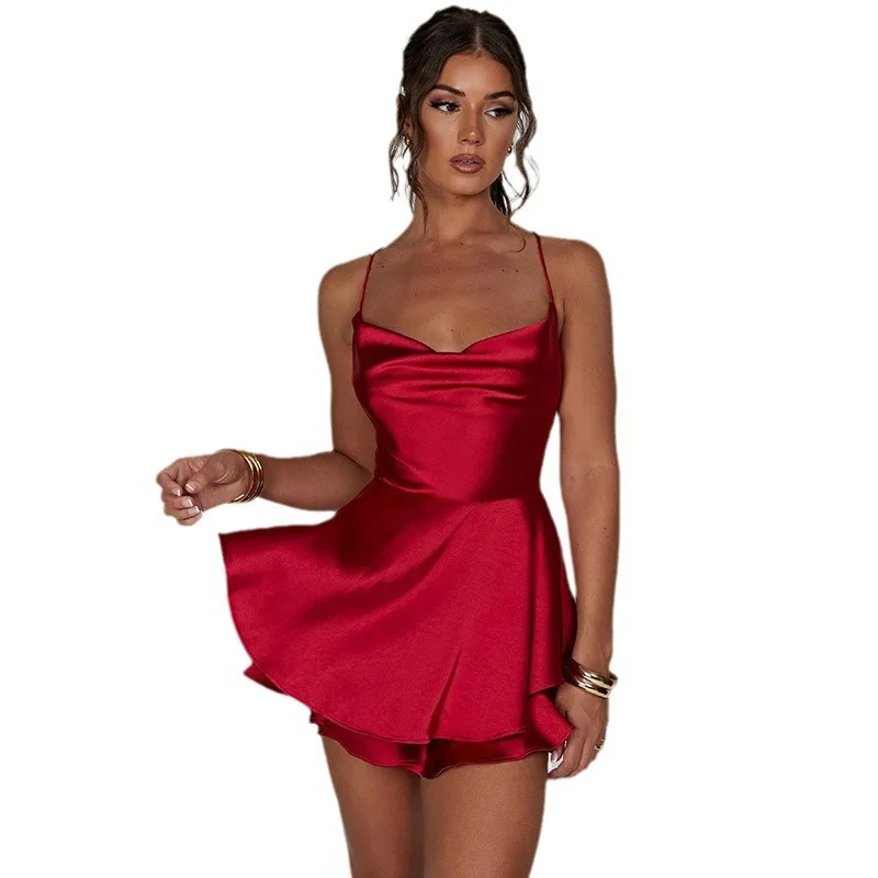 Summer Solid Color Backless  Fashion Satin Lady Short Strap Dress Elegant Sweet Strap Pullover Women's Mini Skirt New 23235