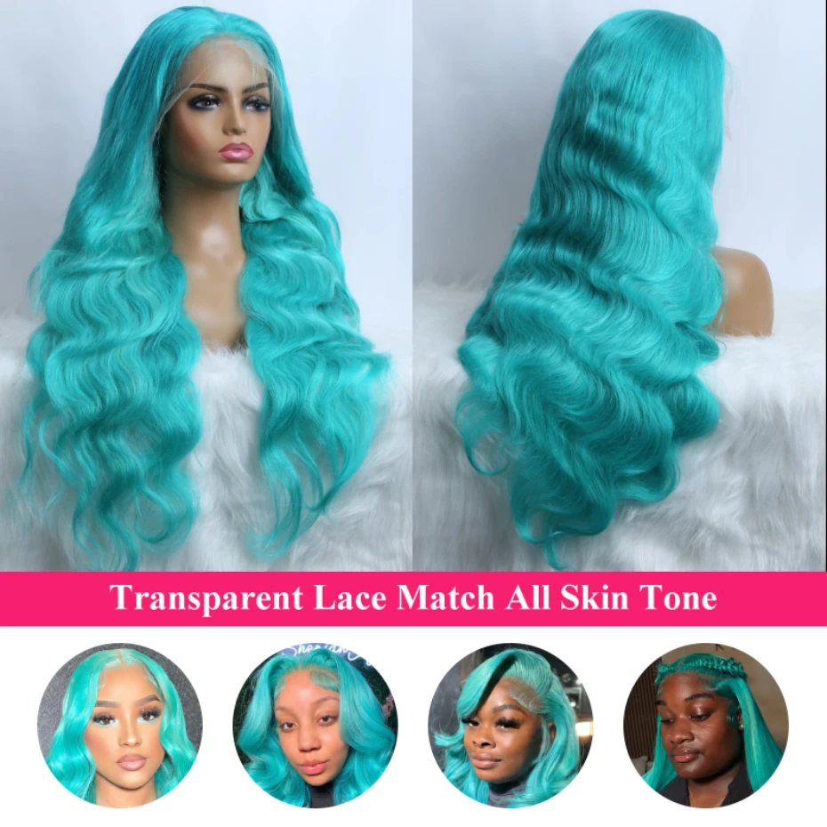 30 38 40 inch Teal Blue Colored Lace Front Human Hair Wigs Preplucked 13x6 Transparent Lace Frontal Wig Brazilian Turquoise Hair image 4