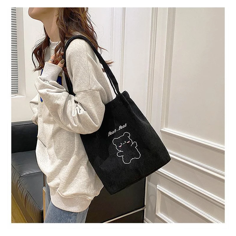 Cartoon Embroidered Shoulder Bag Corduroy Women Handbag Student School Purse Shoulder Bags