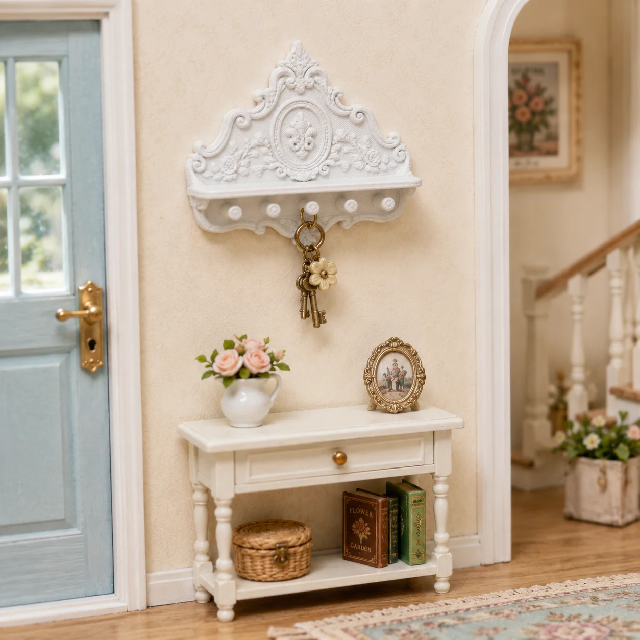 Miniature carved wall hanging frame, with hooks for storage, wall frame for doll house decoration model accessories