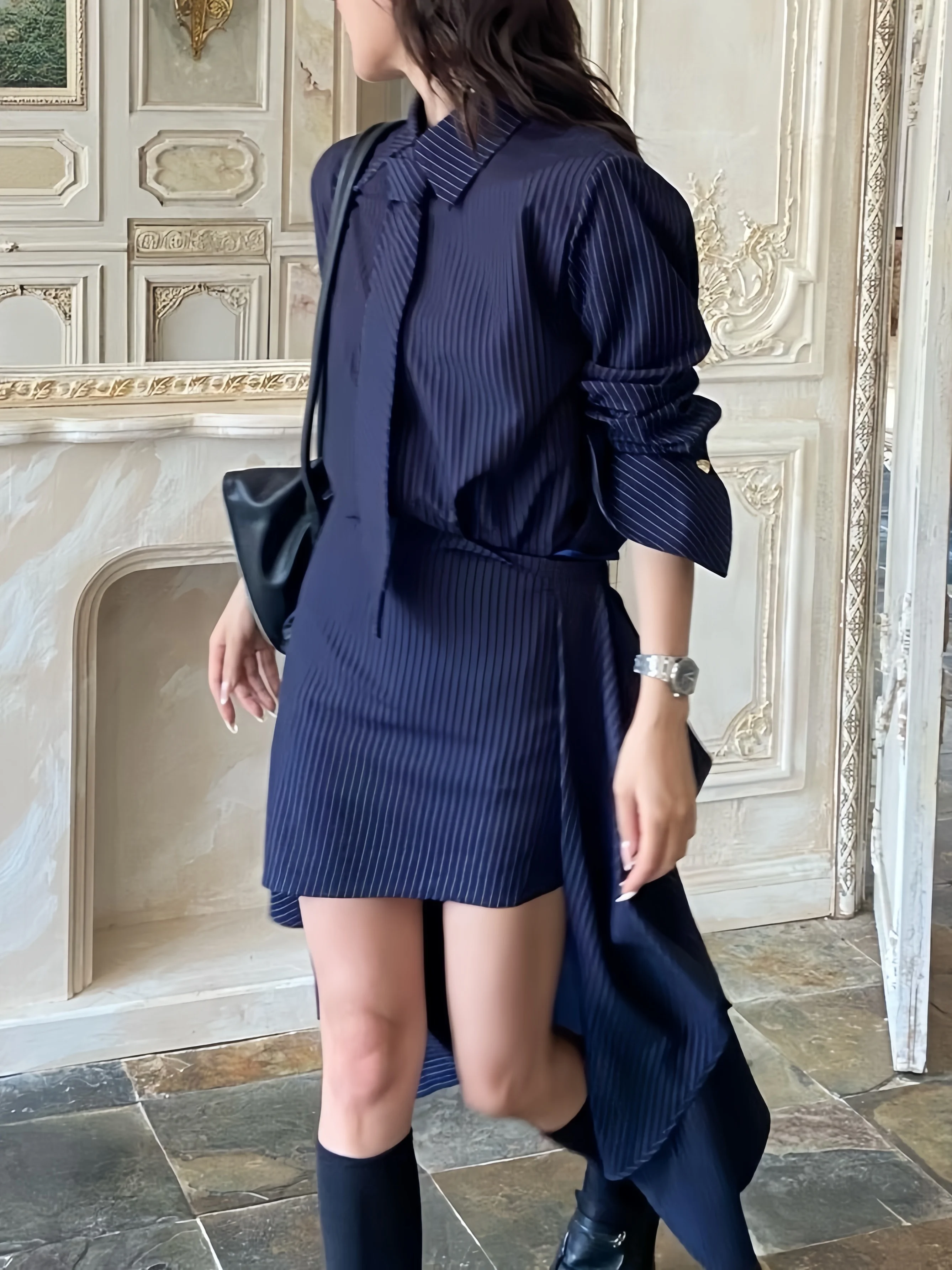 Elegant Blue Striped Shirt And Skirt Set Women's Fashion Ensemble for Commuting Autumn 2026 Long Sleeve Casual Style Two-Piece