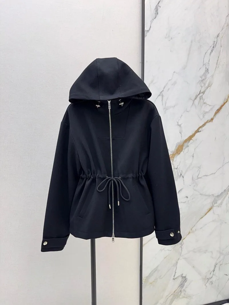 2024 Autumn New Women's Windbreaker Fashionable, Exquisite, Versatile, Drawstring Drawstring Waist for slimming, Hooded Coat