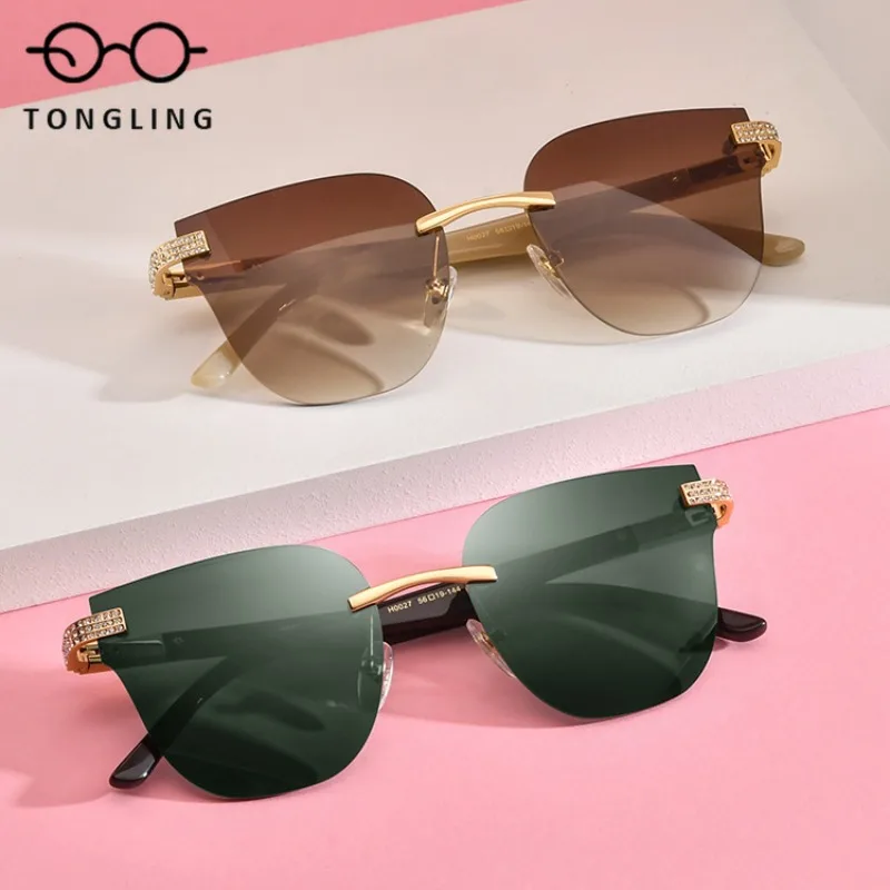

2025 New white buffalo horn cat-eye frameless diamond sunglasses for women street style can be paired with prescription lenses