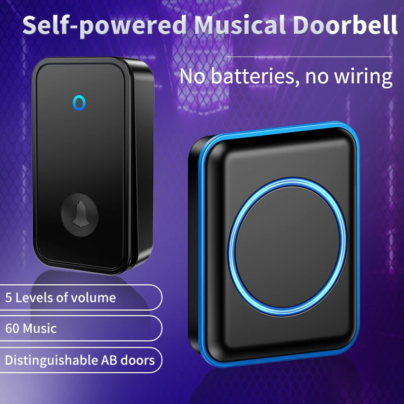 CACAZI Self-Powered Wireless Doorbell Without Battery Waterproof 150M Remote Control Home Door Bell Ring Call 5 Model 60 Music