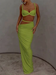Bangniweigou braided straps cami top wrapped slit pencil skirt two piece set women elegant beach vacay set orange green coffee