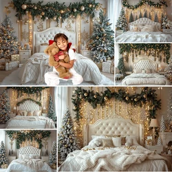 Christmas Photography Background Xmas Tree White Bed Garland Holiday Decoration Family Portrait Photo Backdrops Studio Props