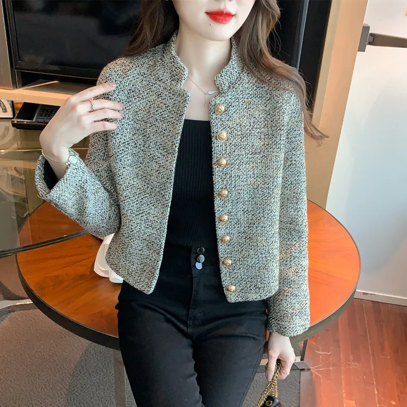 

Faionable ort Woolen Coat for Women Spring 2025 Sli Cact Pattern Design Commute Sle Long Sve Stand Collar