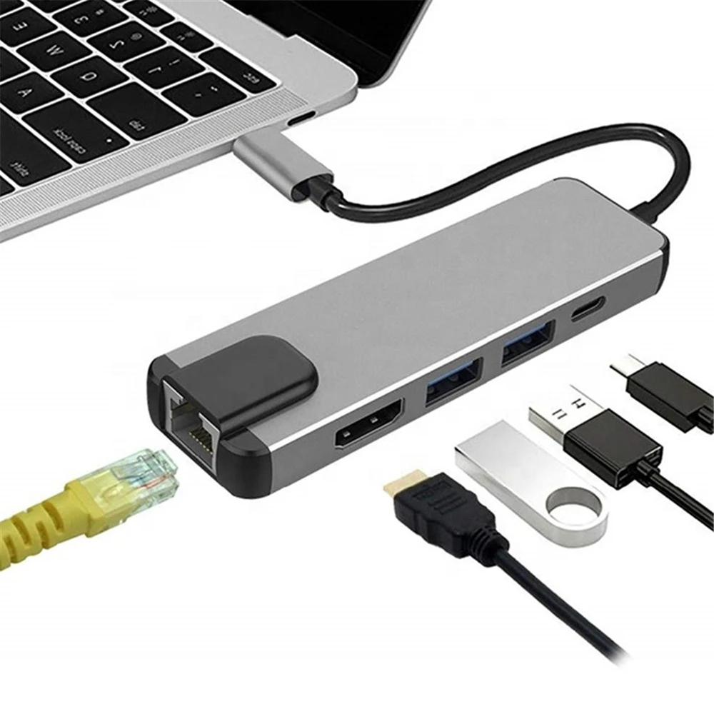 Convertidor de tarjeta de red con cable externo 5 en 1, concentrador de adaptador Ethernet Lan para MacBook, tipo C a RJ45, USB-C