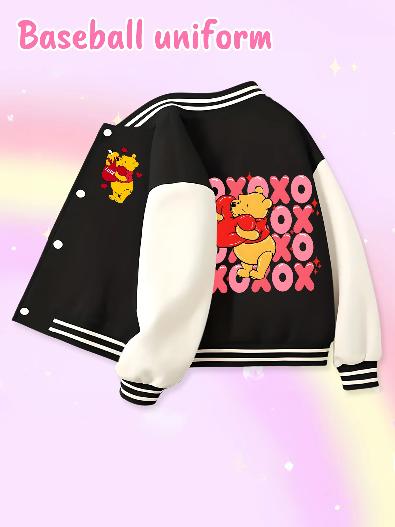 Chaqueta de béisbol de tendencia de moda de Disney, adecuada para deportes diarios y ropa casual, estampada con lindo patrón de Winnie the Pooh