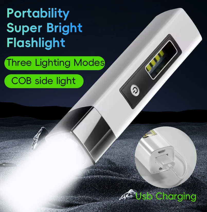 High Powe LED Flashlight With Side Strong Light USB Rechargeable Torch Ultra Bright Lamp Mini Portable Lantern Emergency Outdoor