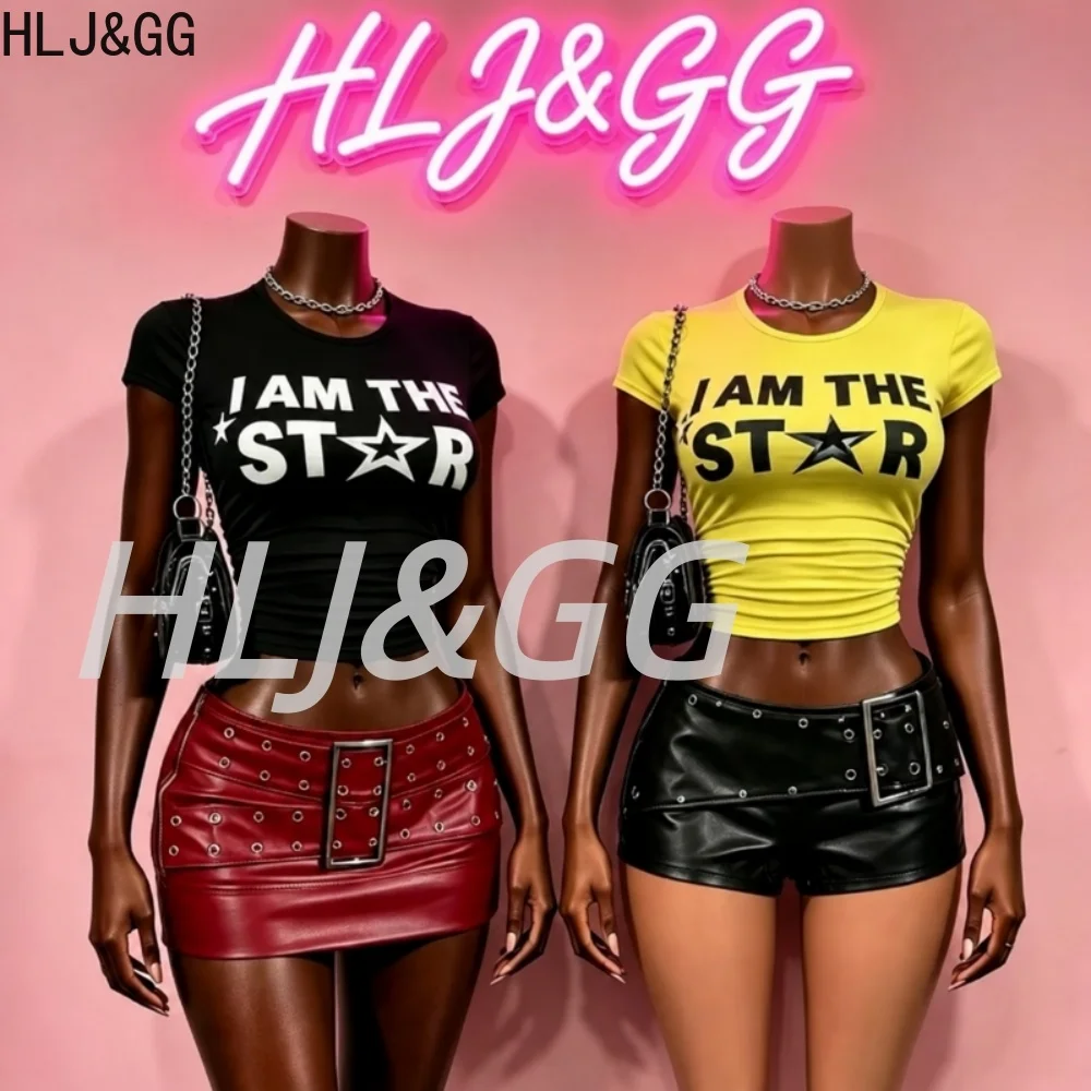 HLJ&GG Y2K Sexy Two Piece Set Women Letter Print Crop T Shirt And PU Leather Bodycon Mini Skirts Streetwear Night Club Outfits