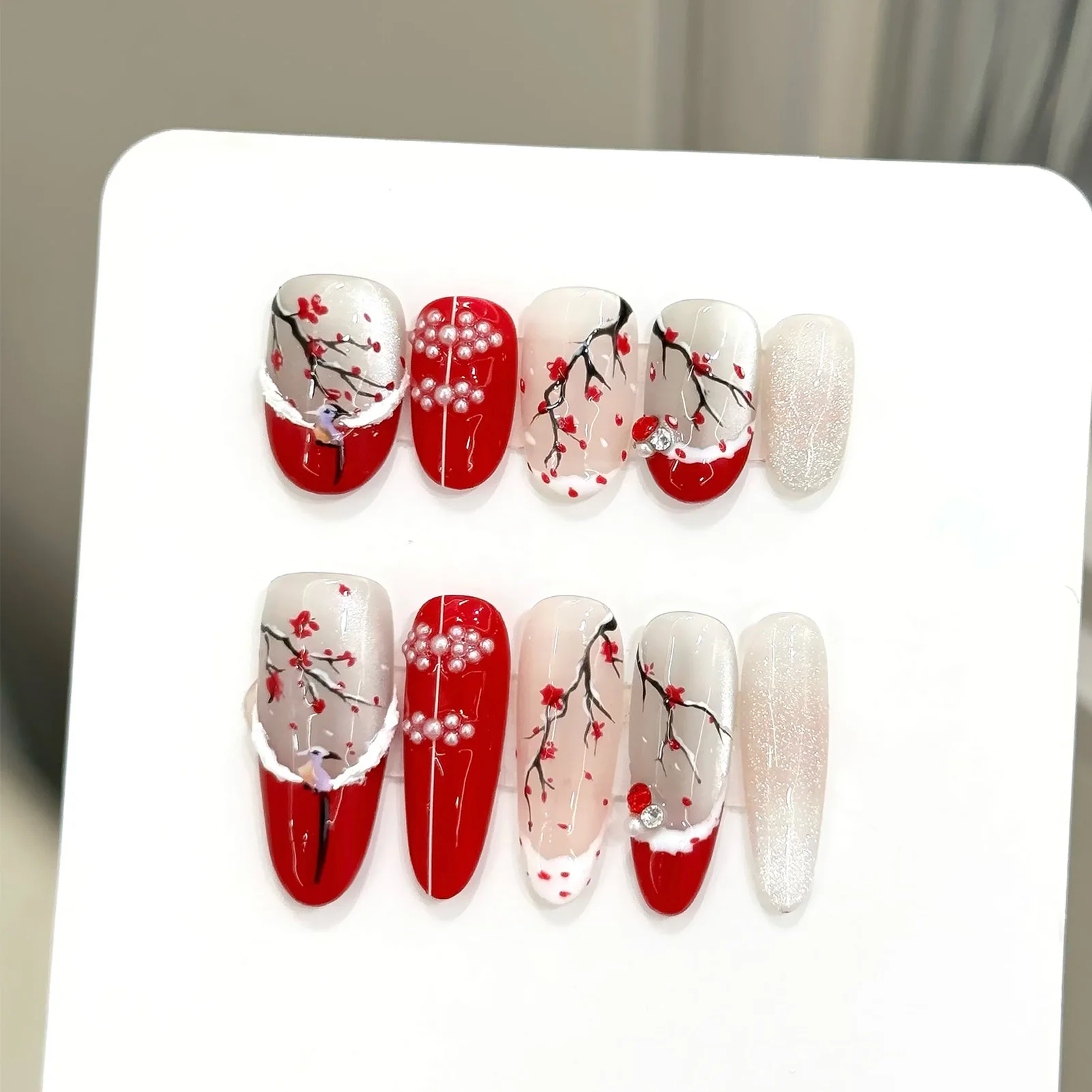 10pcs Handmade Press on Nails Chinese Style Hand-painted Plum Cat's Eye Fake Nails Wearable Antique False Nails Red French Tips