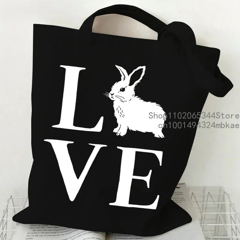 Cute Rabbit Pattern Canvas Tote Bag Women Men Cartoon Bunny Portable Shopping Bag Fashion Large Capacity Teen Daily Handbags