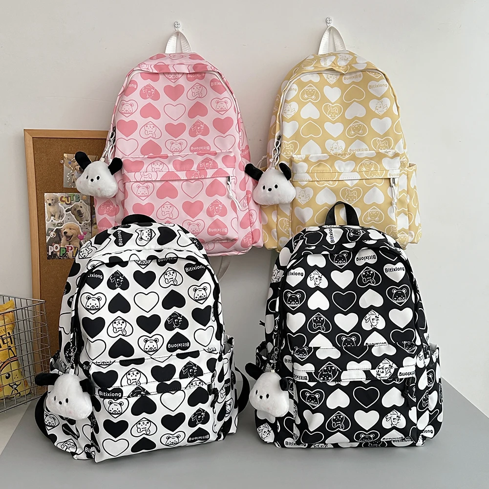 Backpack for Students Heart Pattern Book Bag Nylon Adjustable Strap Shoulder Bag Large Capacity Rucksack