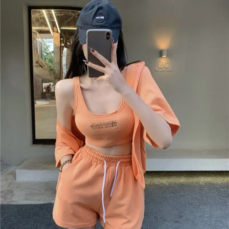 Leisure Fashion Sports Three Piece Outfits for Women's 2023 New Arrival Summer Coat Tank Top Wide Leg Shorts Mesh Red Set