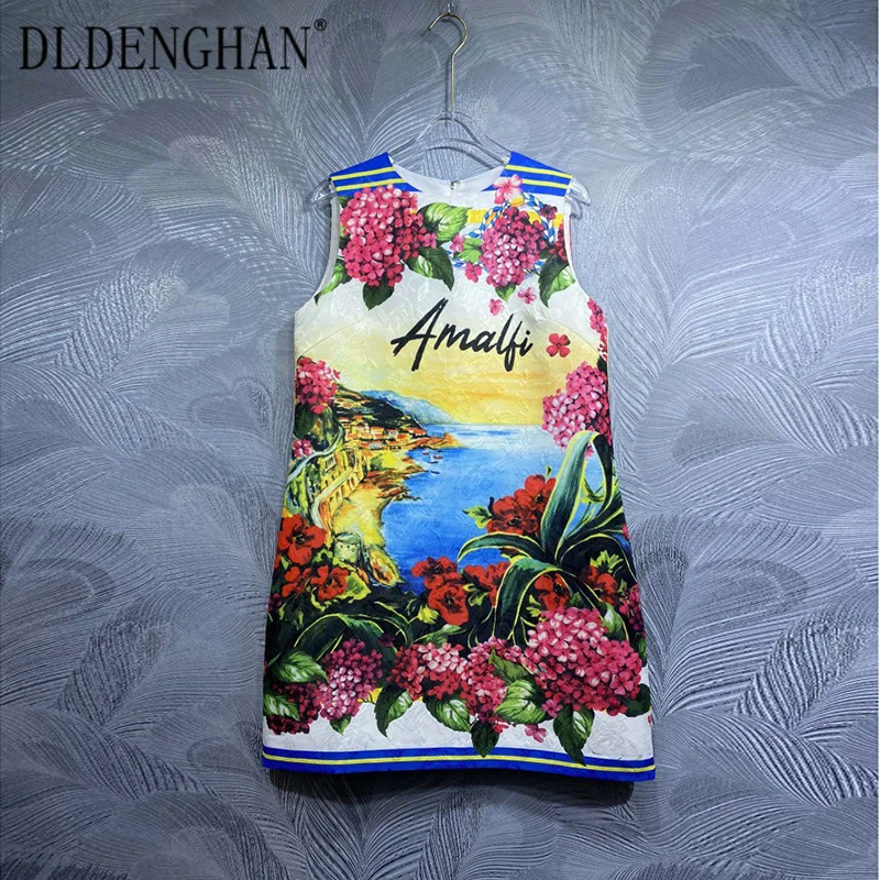 

DLDENGHAN Summer Tank Dress Women O-Neck Sleeveless Flower Print Vintage Mini Dresses Fashion Designer