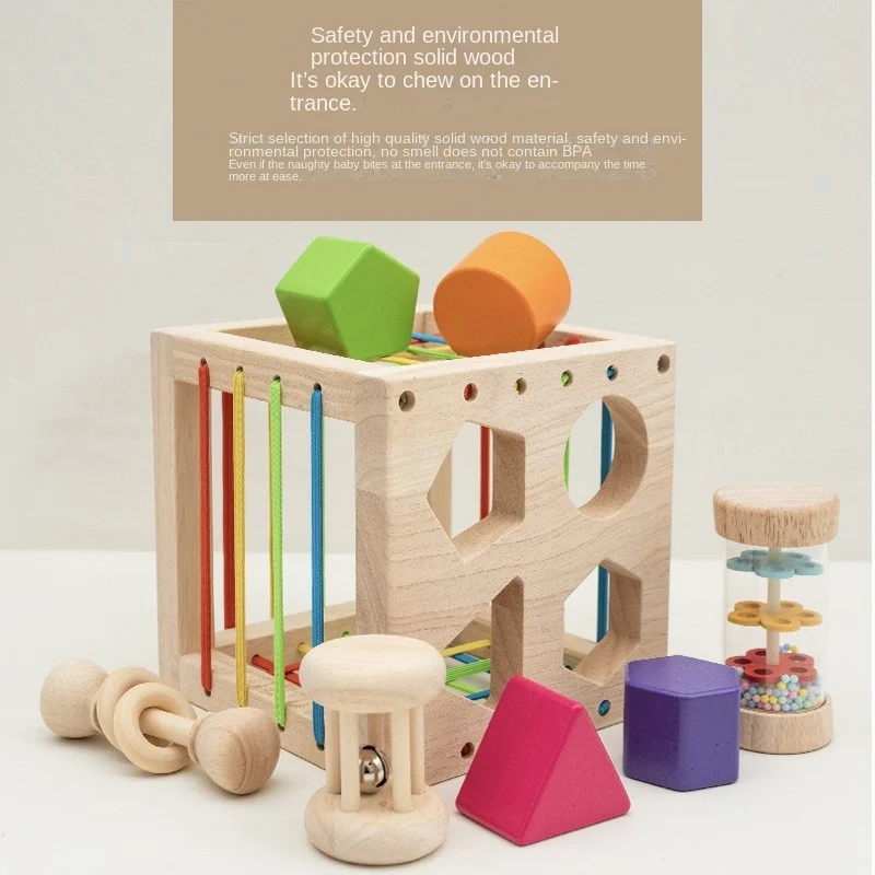 LazyChild Montessori Early Education Wooden Baby Bite Teething Soothing Rattle 6 Piece Set Combination Educational Toy