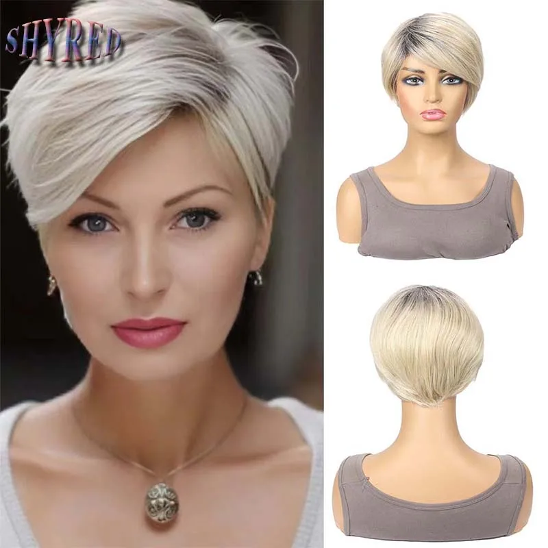 

Synthetic Short Mixed Light Blond Wigs with Bangs Straight Fake Hair for Women Daily Wear Wig Cosplay Mom Costume Wig