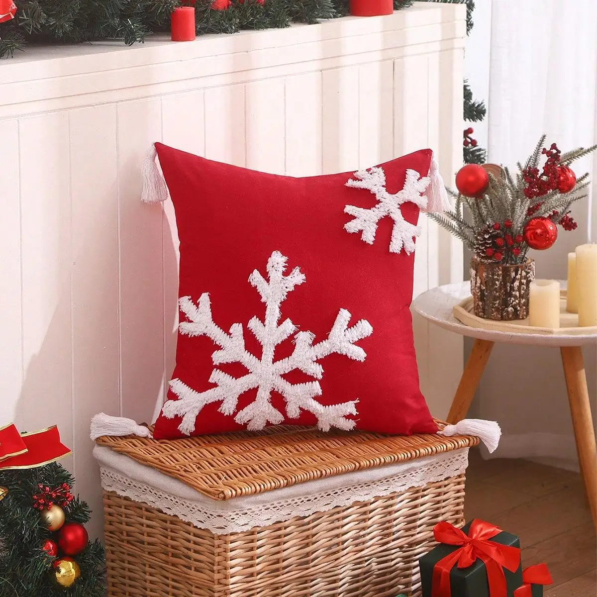 Christmas Throw Pillow Three-dimensional Embroidered Snowflake Cushion Cover Backrest Pad American-style Car Seat