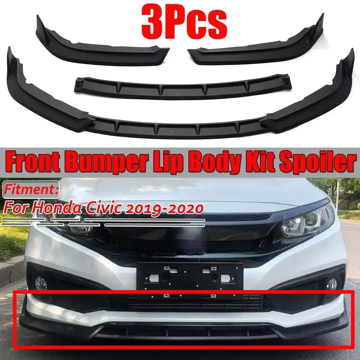 3 Pieces Car Front Bumper Lip Splitter Spoiler Diffuser Deflector Protection Guard For Honda For Civic 2019 2020 Exterior Part