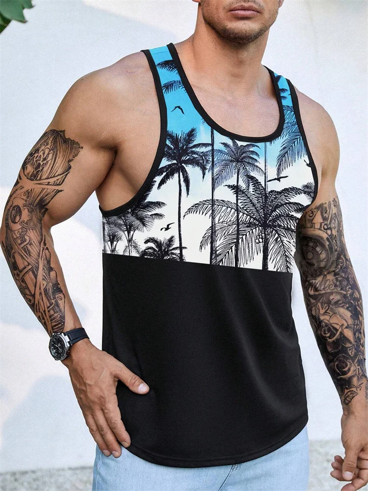 2024 Hawaiian Style Men\'s Tank Top Summer Beach Casual Outdoor Trip Vacation Comfort Men\'s Tank Top Tropical Palm Print T-Shirt