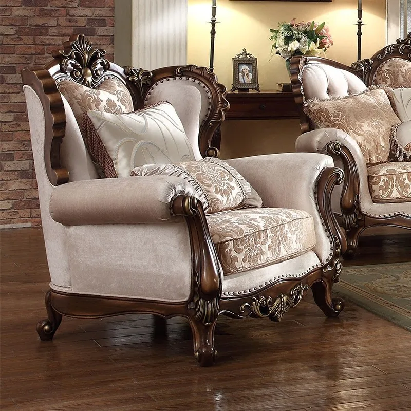 High-end fabric European living room combination North American retro log carved court furniture