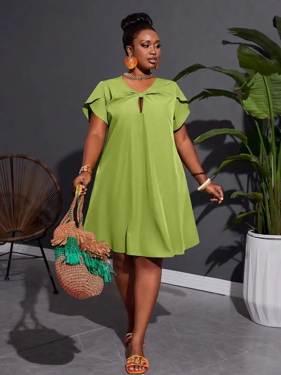 Slaydiva Plus Vacation Casual Non-Stretch Woven Loose Fit A-Line Twist Knot Green Plus Size Dress For Women