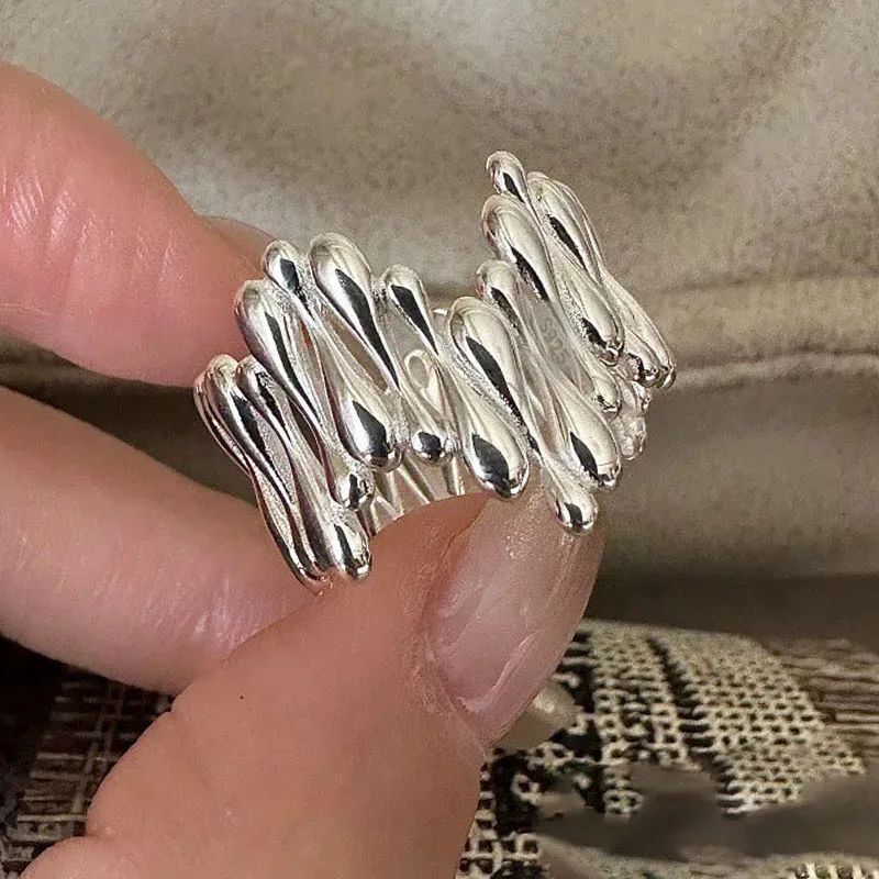 925 Sterling Silver Rings For Women Geometric Fine Jewelry Finger Adjustable Simple Shinning Strip Ring For Party Birthday Gift