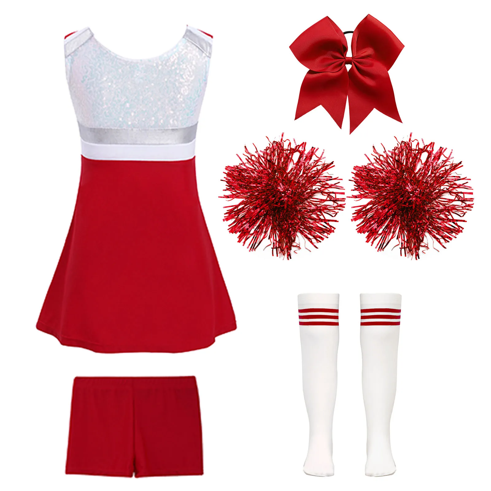 Girl Cheerleading Dance Outfit Sleeveless Shiny Patchwork Cheerlead Uniform Dress with Short Bowknot Headwear Hand Flowers Socks