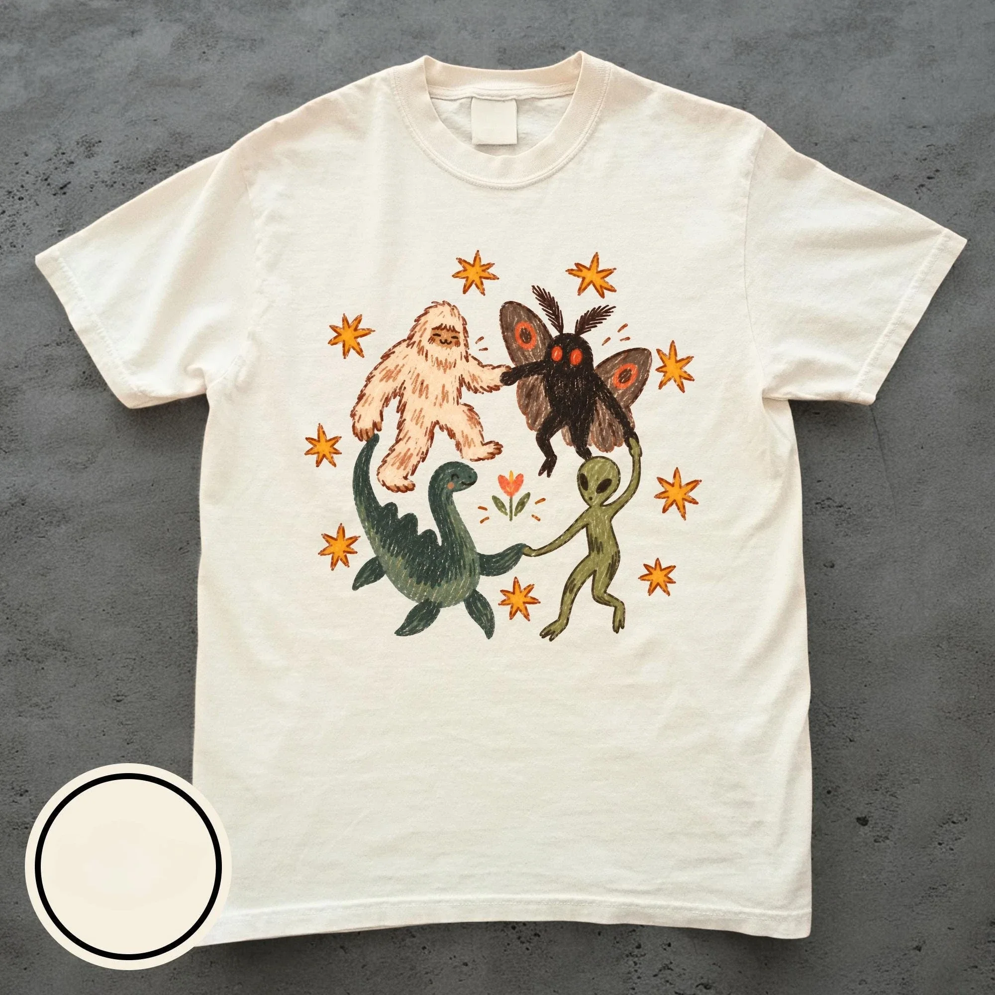Vintage Dancing Cryptids T Shirt Bigfoot Mothman Alien Nessie Graphic Tee Funny Retro Cartoon Short Sleeve Summer Casual Top