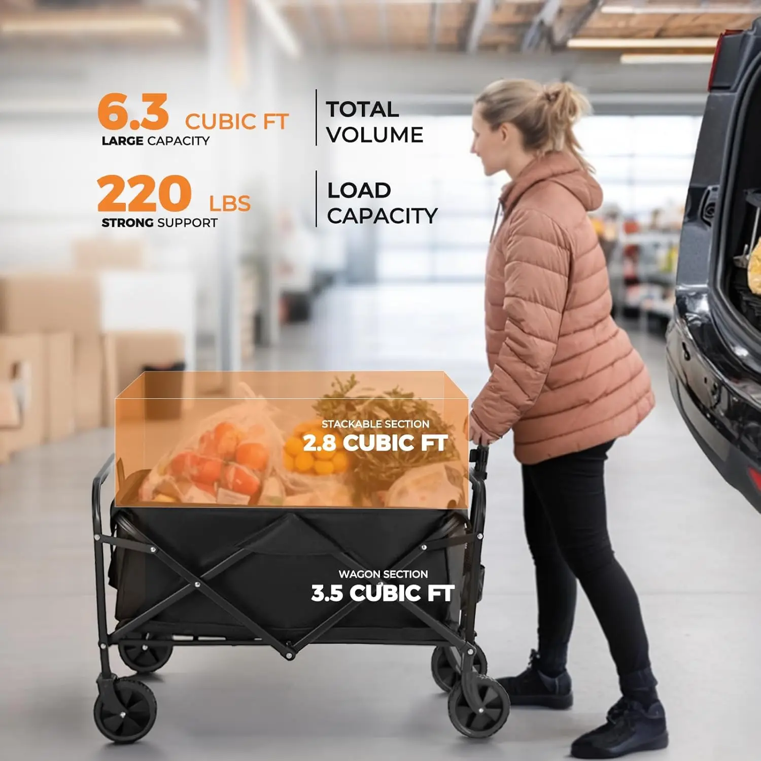 折りたたみ式ワゴンカート、全地形対応ホイール付き、食料品、ビーチ、キャンプ用に折りたたみ可能 - 耐荷重220ポンド