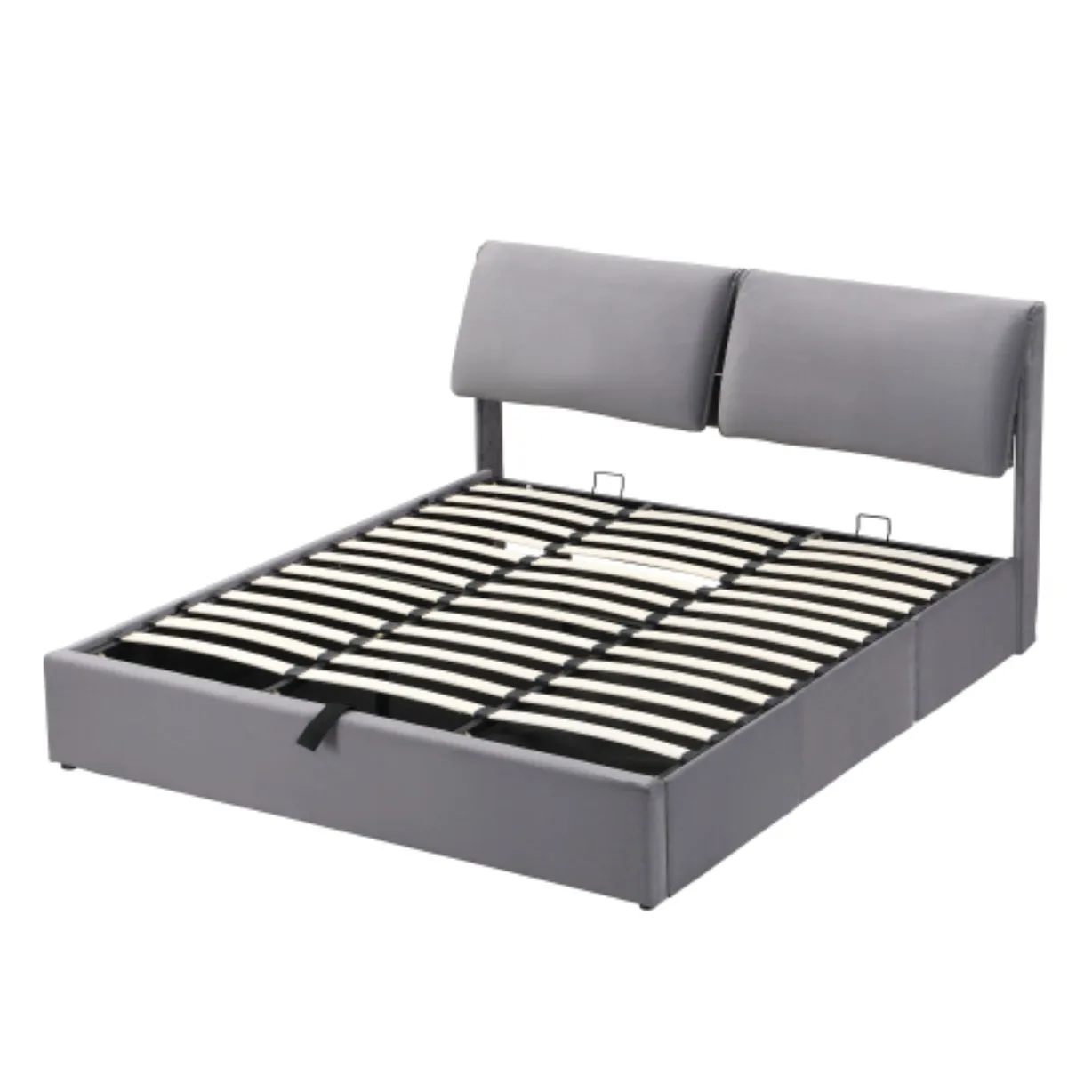 Base de Cama Tapizada en Terciopelo Gris de 180x200cm, con Almacenamiento Hidráulico, 3 Cajones, Somier de Láminas y Cabecero, Sin Colchón