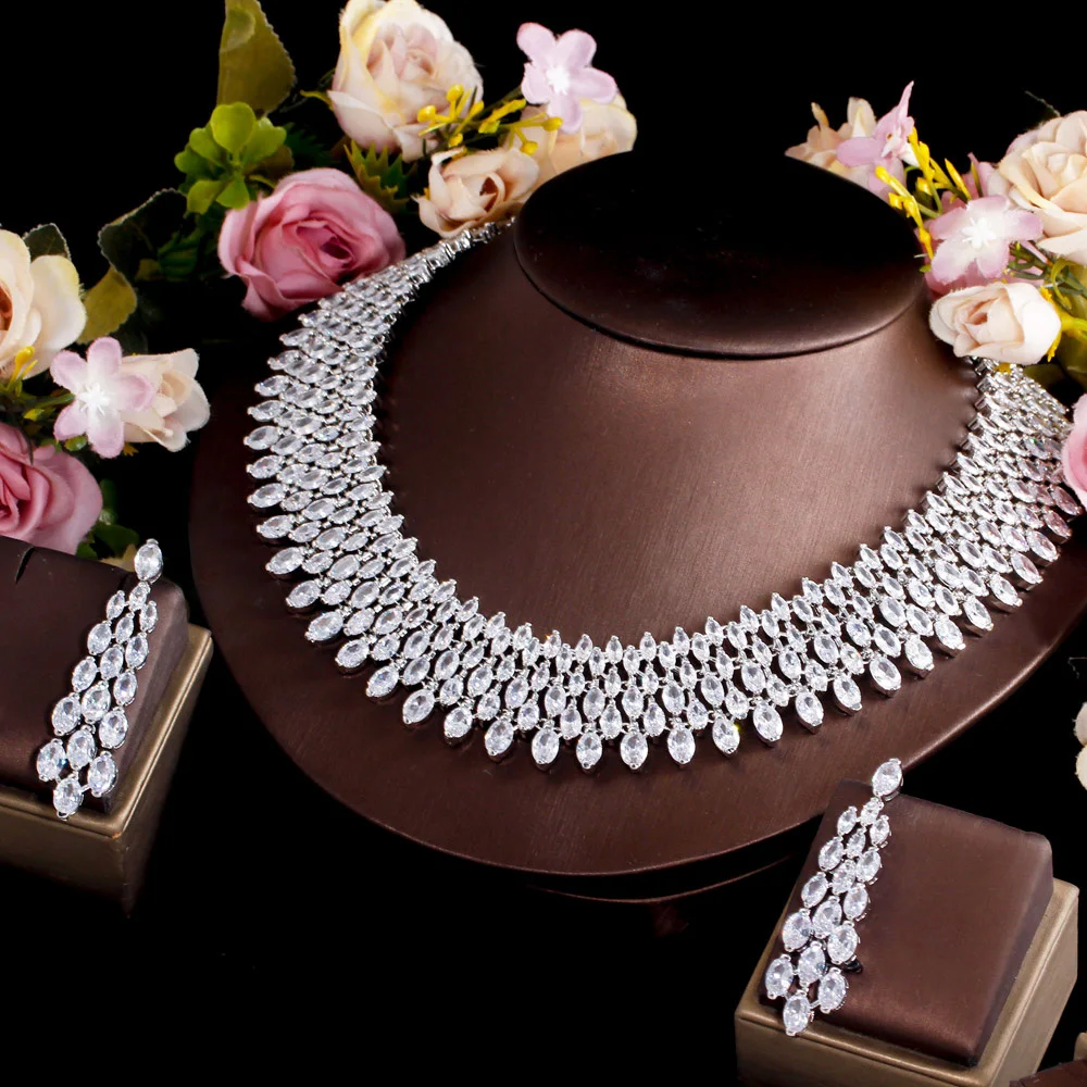 CWWZircons Luxury Chunky Full Cubic Zirconia Paved Dinner Party Bridal Wedding Choker Big Necklace Jewelry Sets for Women T644