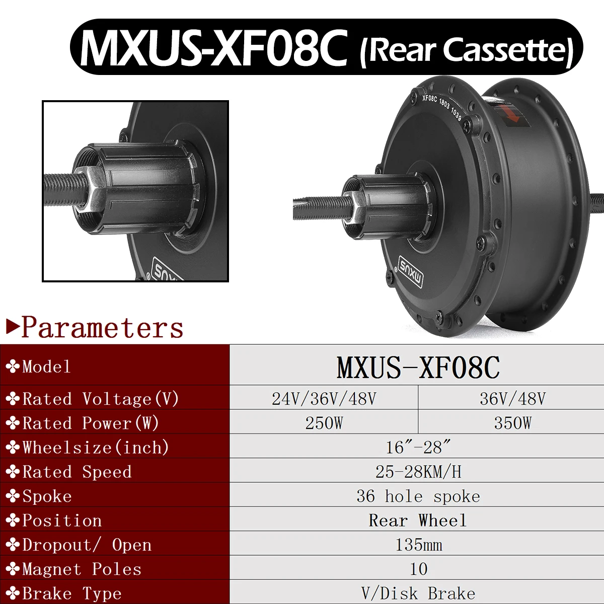 E-Bike Hub Motor MXUS XF08C 350W 250W Electric Bicycle High Speed Brushless Gear Motor DC 24V 36V 48V Rear Cassette Wheel Motor