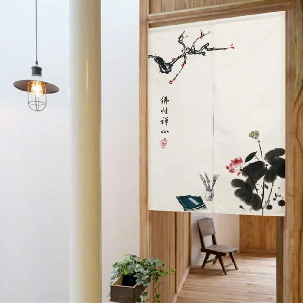 Zen Plum & Lotus Noren Curtain, Traditional Chinese Ink Wash Art, Calligraphy & Brush Book Print, Waterproof Washable Japanese