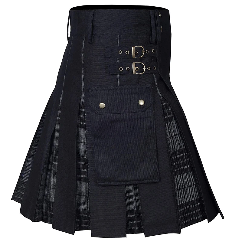 Men's Scottish Style Plaid Contrast Color Pocket Pleated Skirt Irish Tartan Hybrid Utility Kilt Patrick's Festival Prom Clothing