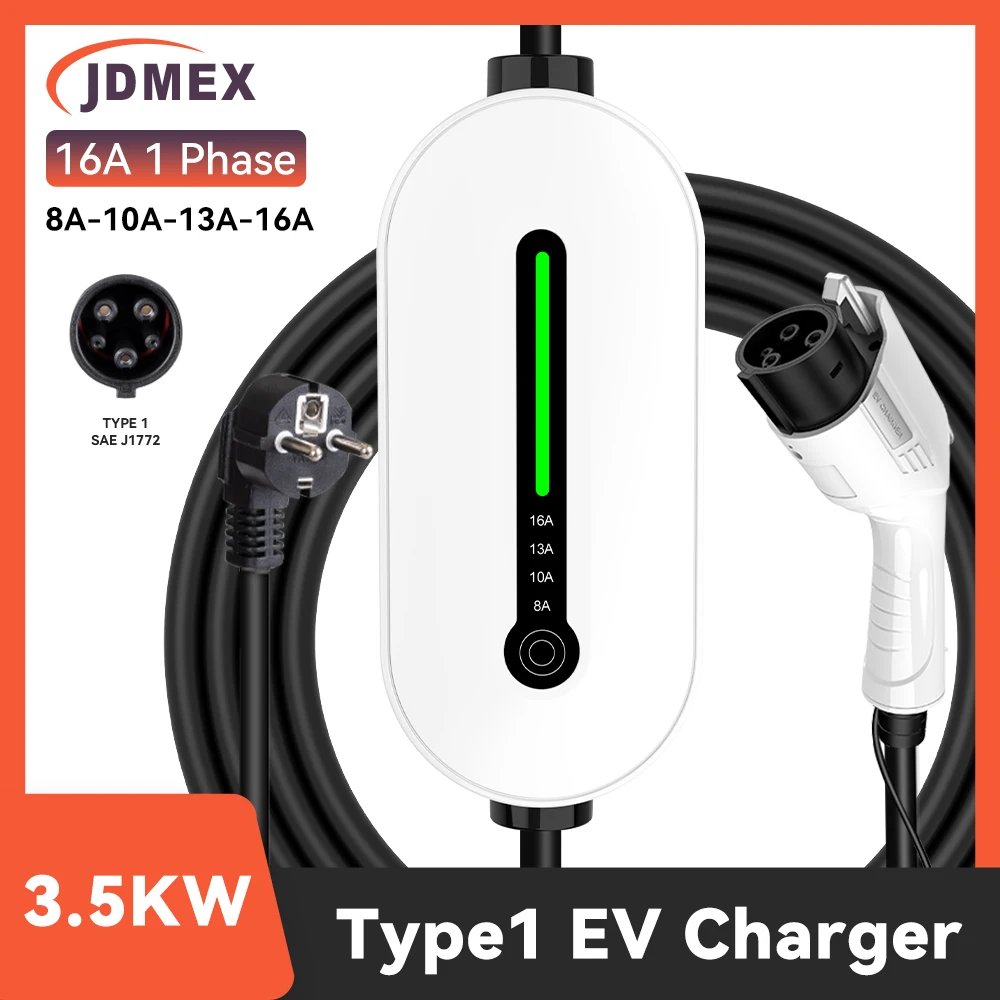 

JDMEX 3,5 кВт Type1 EV Портативное зарядное устройство 16A EVSE Зарядное устройство SAE J1772 Автомобильное зарядное устройство для электромобиля с регулируемым током