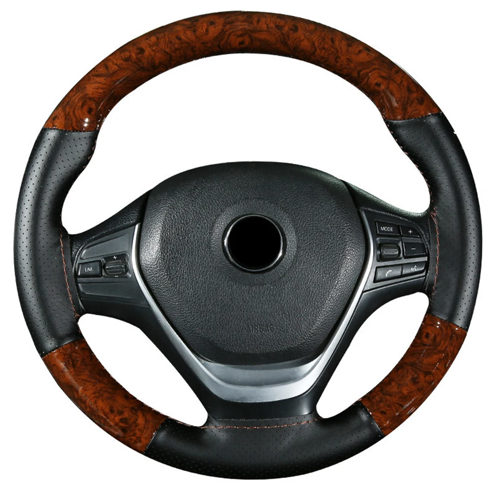 Car Leather Steering Wheel Cover With Needles And Thread DIY Steering Wheel Cover Non-Slip Soft Peach Wood Braid Car Accessories