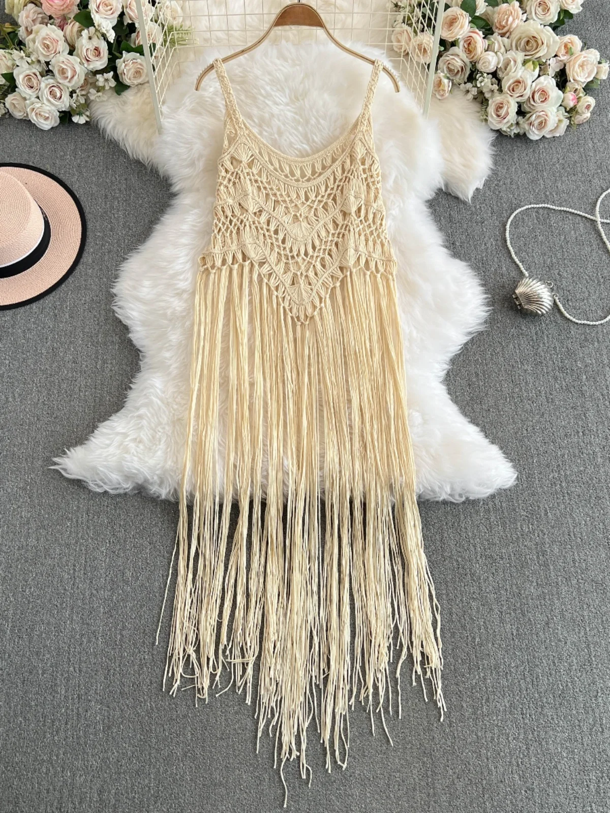 Vestido longo de malha étnico boêmio com franjas nas costas, feito à mão em crochê, vazado, em camadas, vestido midi f...