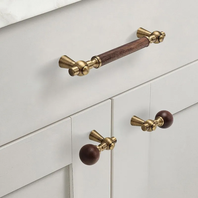 New Chinese-style Walnut Cabinet Door Handle – Nordic Brass & Wood Single-hole Round Knob in Gold for Drawers and Furniture