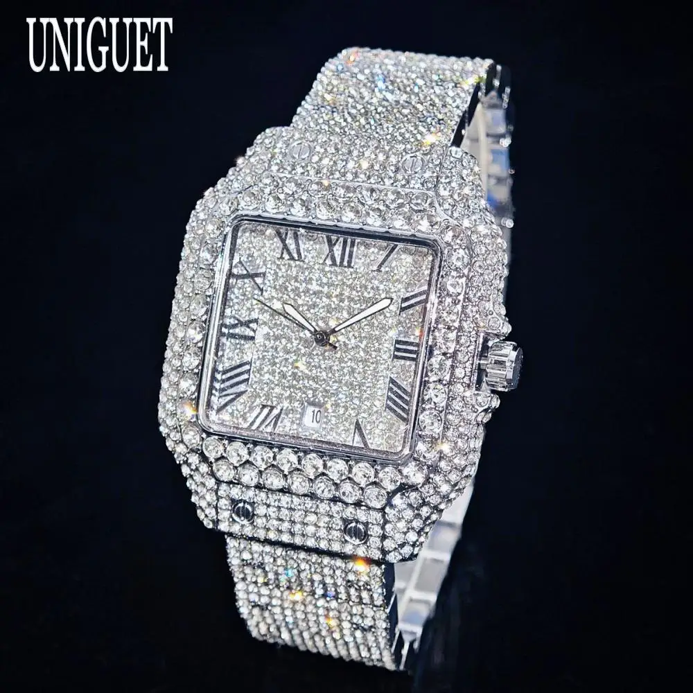 UNIGUET Couple Watch Fashion Roman Literal Square Quartz Watches For Man For Women Full Iced Diamond Jewelry Bling relógio
