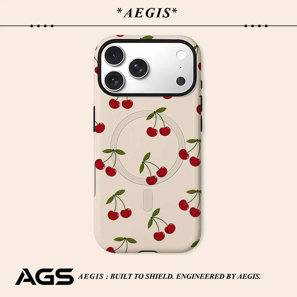 Aegis Schutzhülle mit Magnetischer Bumper für iPhone 17 16 15 14 Plus 13 Pro Max, Harte PC-Hülle mit Retro-Kirschdruck