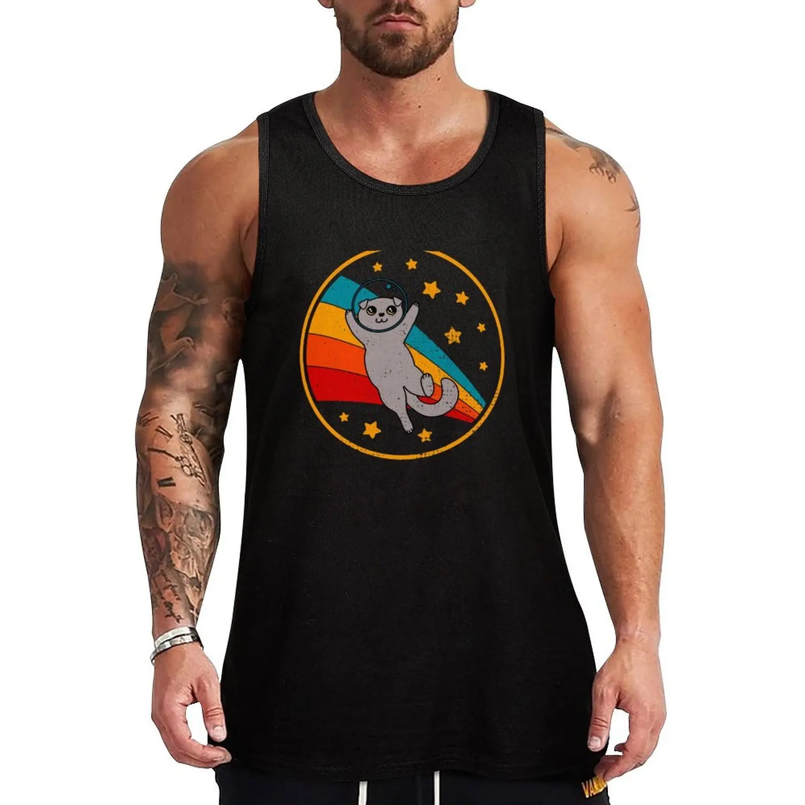 Camiseta sin mangas resistente con diseño de gato escocés vintage y gato espacial retro, ideal para el trabajo y actividades al aire libre