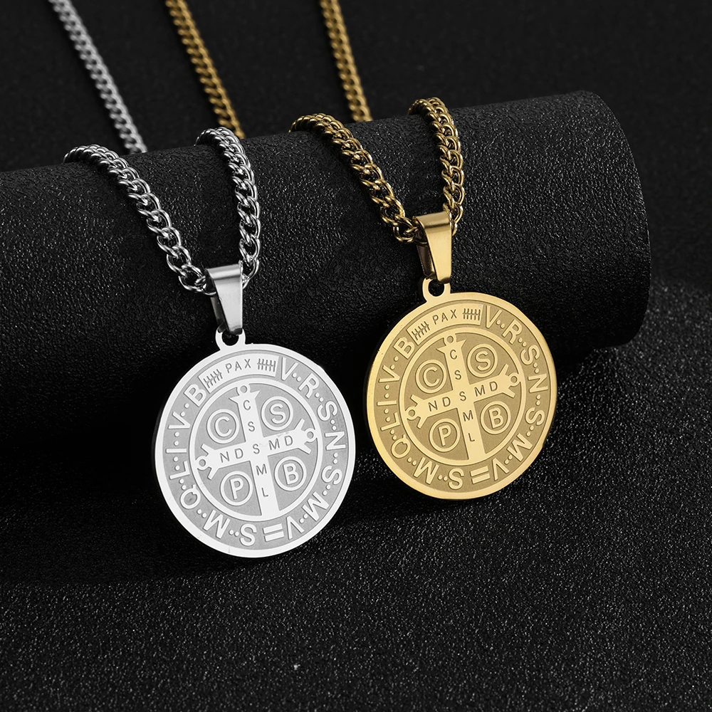 Cross border stainless steel Father Saint Benedict necklace exorcist stainless steel pendant for men and women vintage round bra