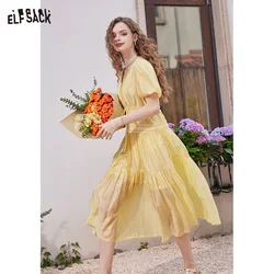 ELFSACK 2024 Summer New French V-neck puff sleeve gentle temperament solid color dress for women