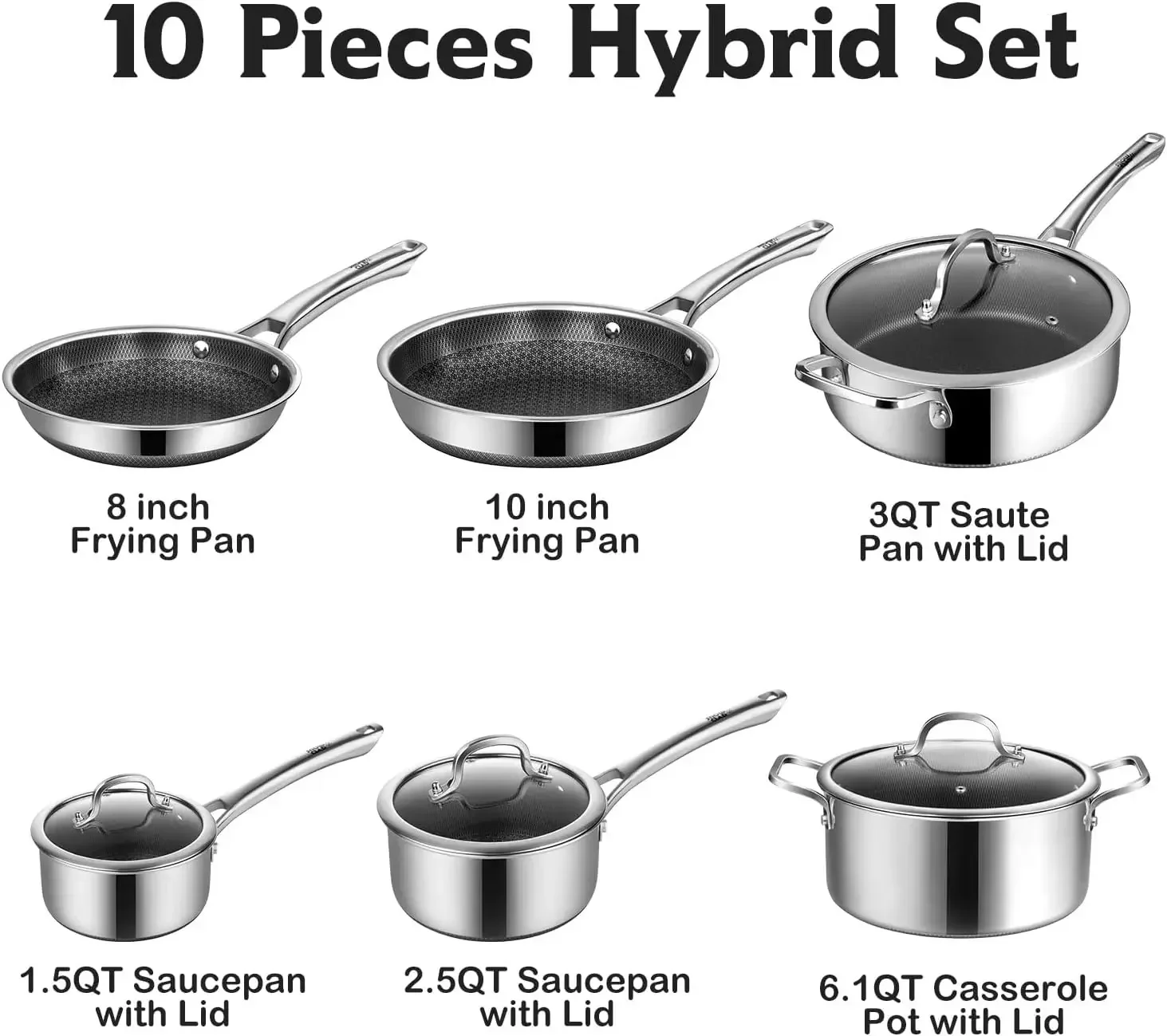 Pots and Pans Set Non Stick, 10 Pcs Hybrid Stainless Steel Cookware Sets, Non Stick Frying Pans, Saucepans, Saute Pan & Stock Po