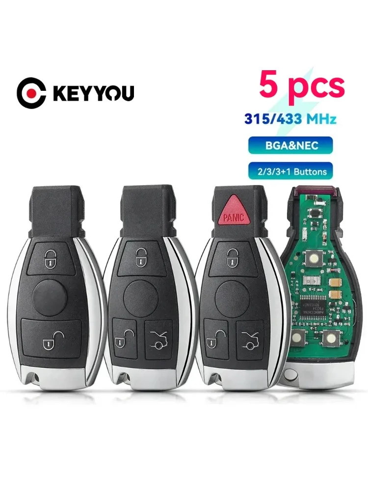 KEYYOU 5 Stück mit Batterie Auto-Fernbedienungsschlüssel für Mercedes Benz W204 W205 W211 W212 W221 W222 A B C E S Klasse BGA & NEC 315/433Mhz Karte