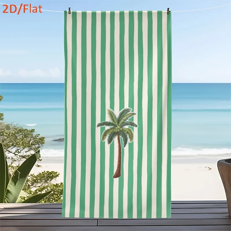 Green Stripe Palm Tree Beach Towel, Tropical Palm Print Oversized Bath Towel, Soft Quick Dry Summer Beach Blanket 1pcs