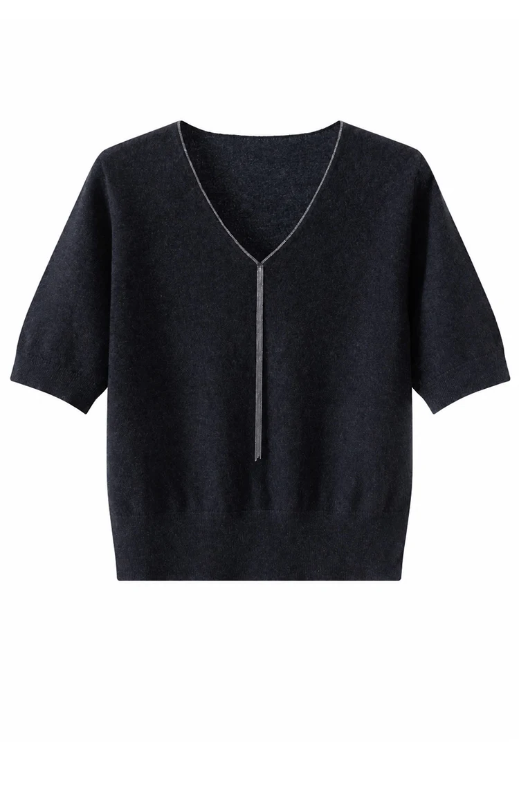 BD3621750 Damen-Pullover aus 100% Kaschmir mit V-Ausschnitt, kurzen Ärmeln, hängendem Kettendetail, weich, dezenter Luxus, elegant, für den frühen Herbst. – Detail 14