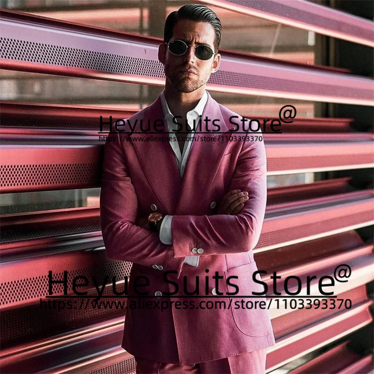 Pink Fashion Handsome Men Suits Slim Fit Peak Lapel Groom Formal Tuxedos Prom 2 Pieces Sets Casual Male Blazer Costume Homme